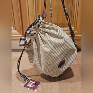 Vtg Etienne Aigner Tan Corduroy Bucket Bag Drawstring Purse Leather Trim NWT NOS